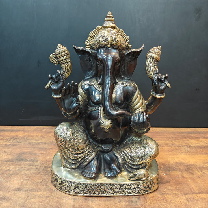 Brass Ganesha Statue Seated On Base Black Patina Finish 21 Inch 463405