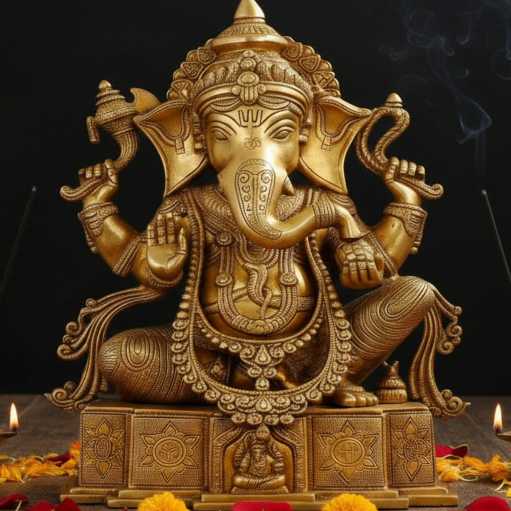 Brass Ganesha Statue Seated On OM Base For Home Decor 18 Inch 461239