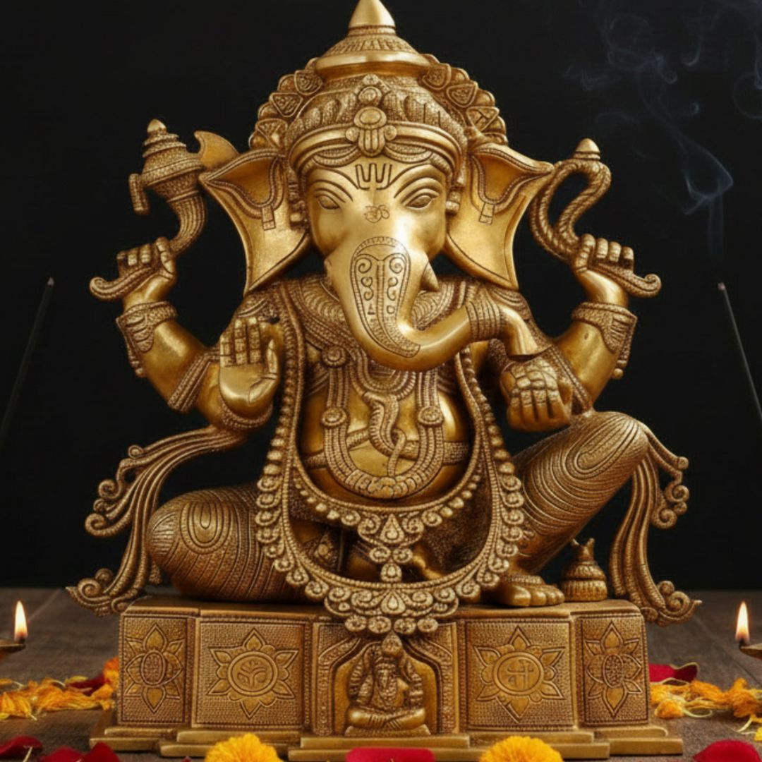 Brass Ganesha Statue Seated On OM Base For Home Decor 18 Inch 461239