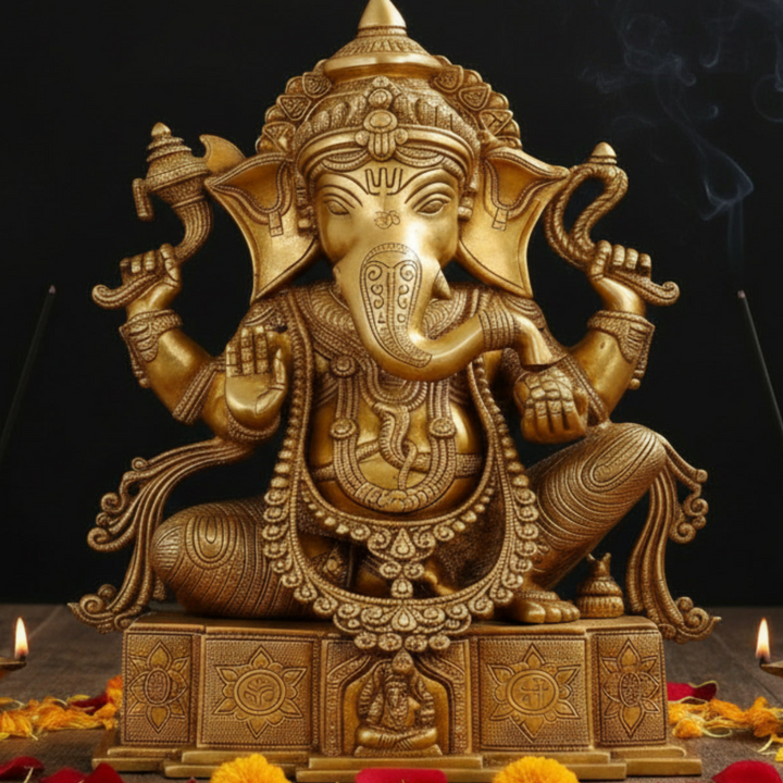 Brass Ganesha Statue Seated On OM Base For Home Decor 18 Inch 461239