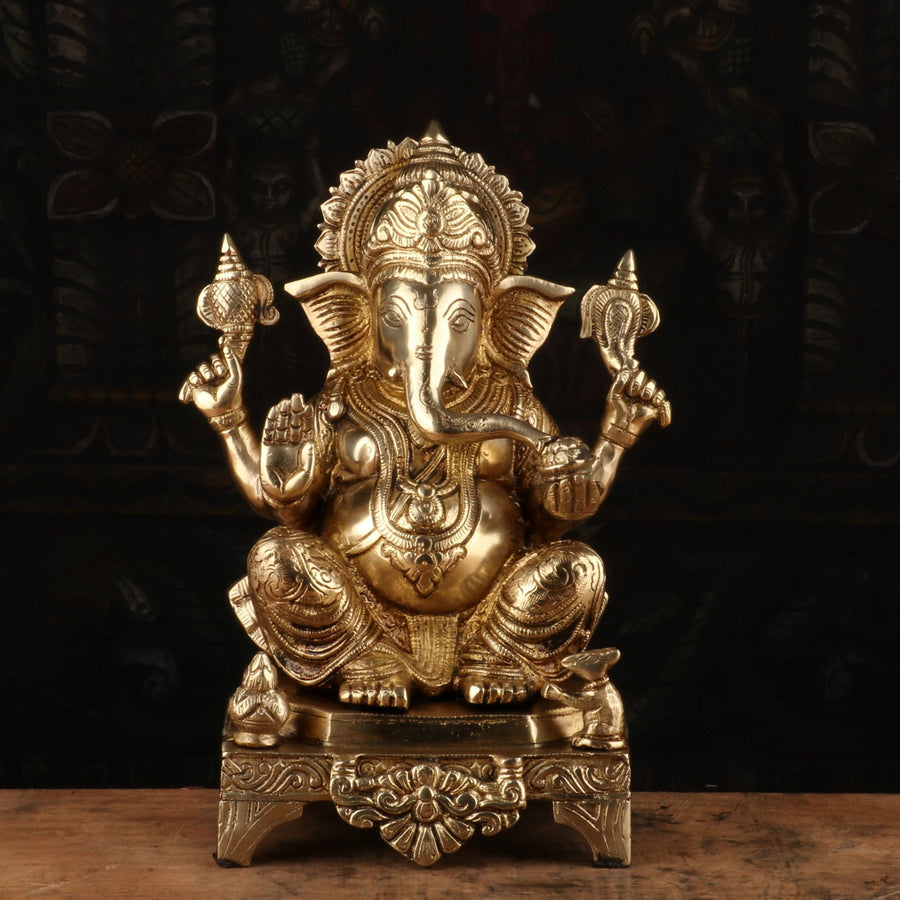 Brass Ganesha Statue Sitting On Base For Home Decor Showpiece 11 Inch 463004