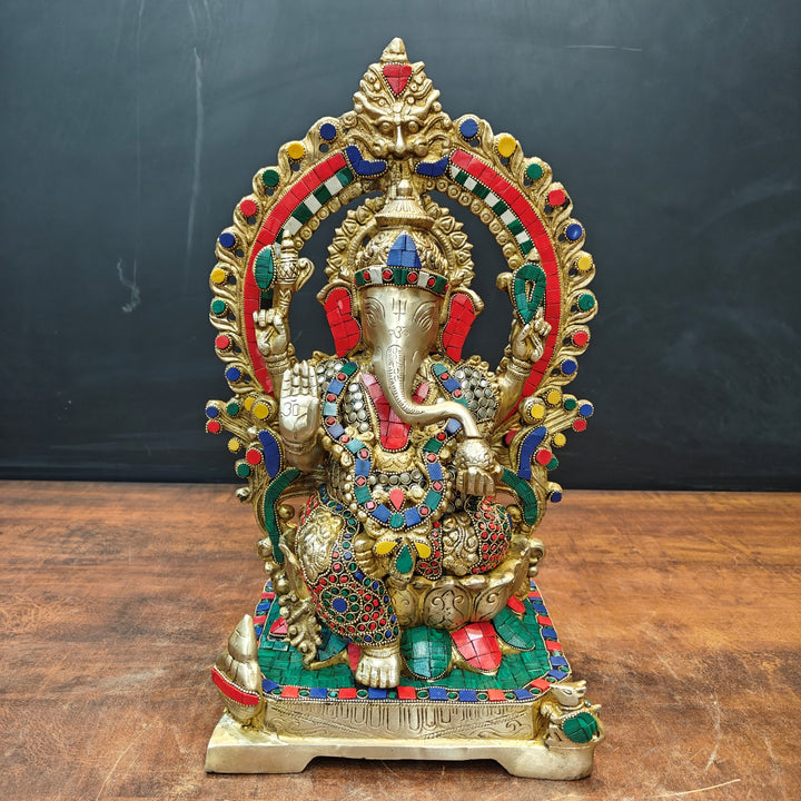 Brass Ganesha Statue Sitting On Lotus Base With Stone Work 18 Inches 463611