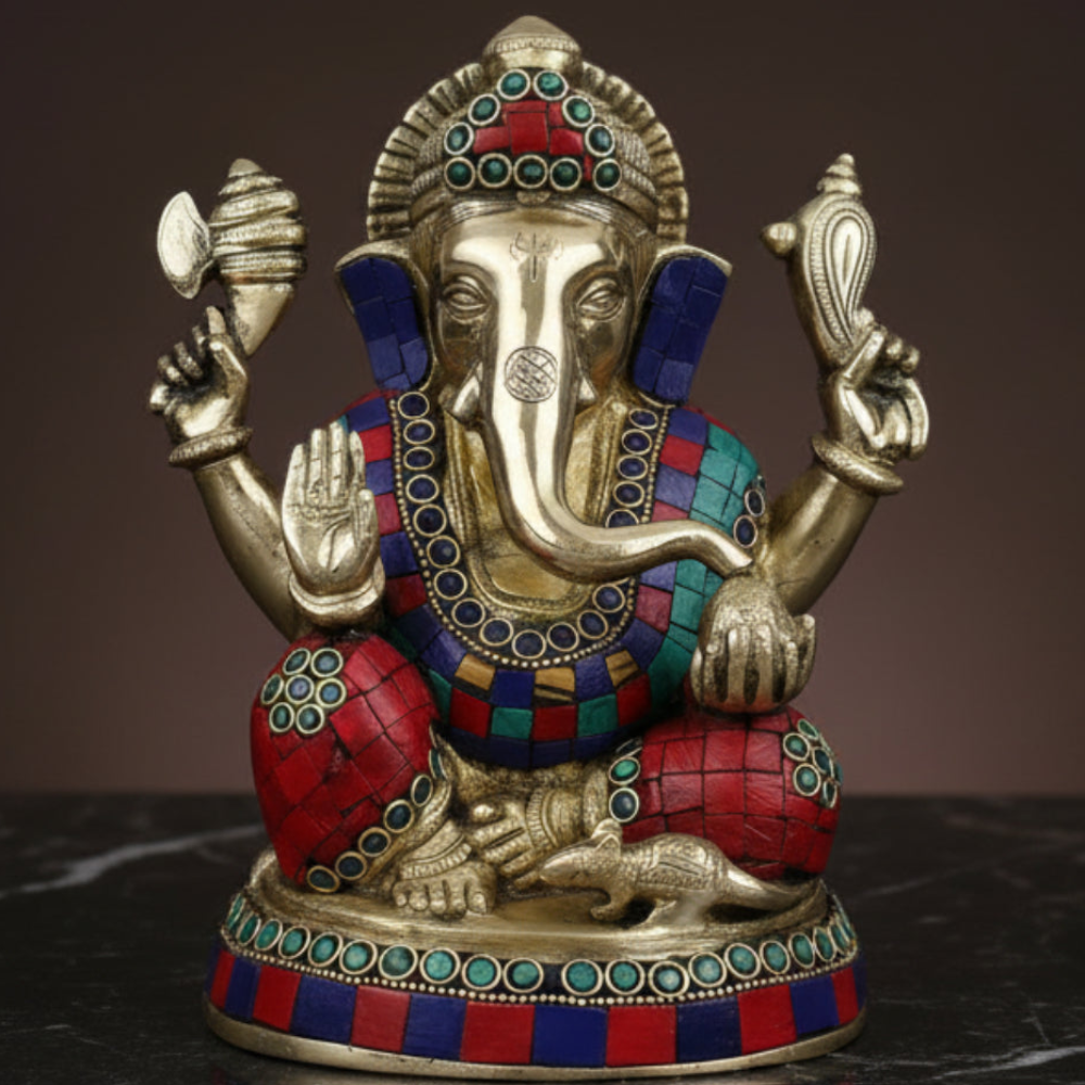 Brass Ganesha Statue Stone Work For Home Decor Gift 8 Inch