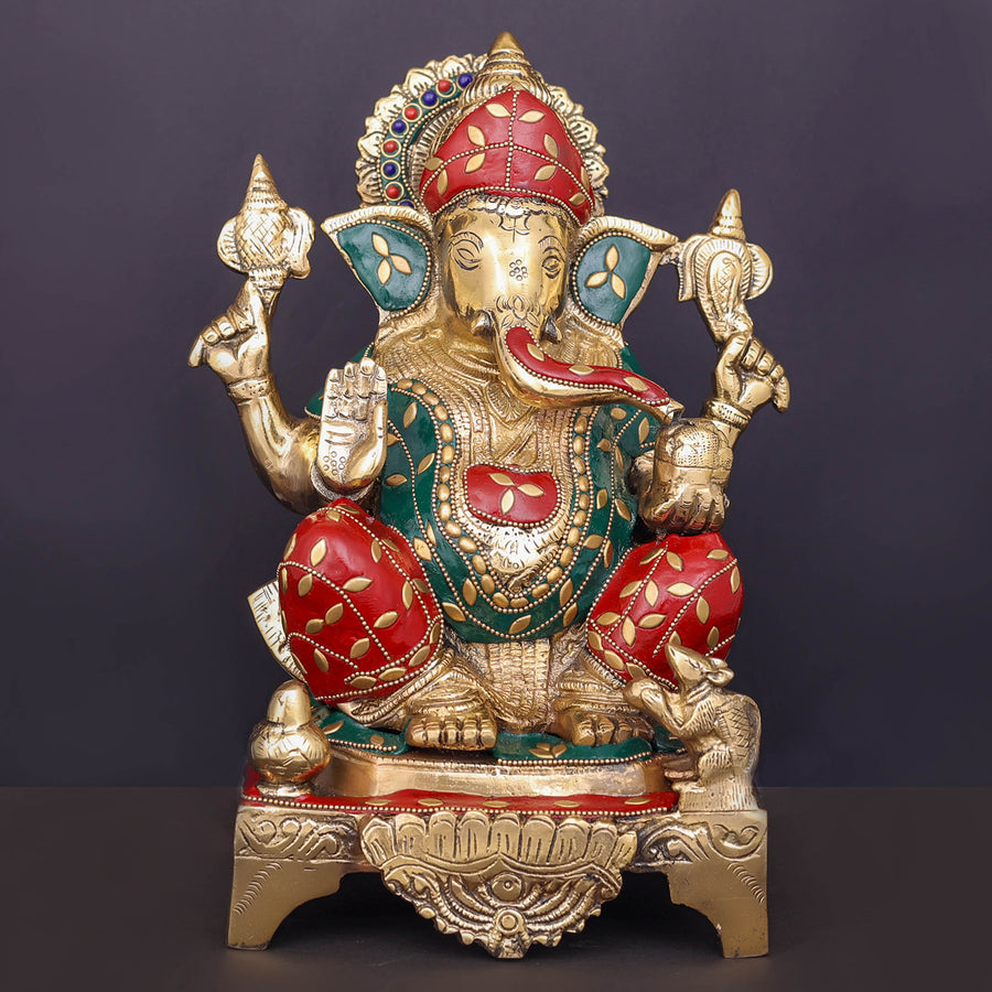 Brass Ganesha Statue Stone Work For Home Decor Showpiece 10 Inch 463939