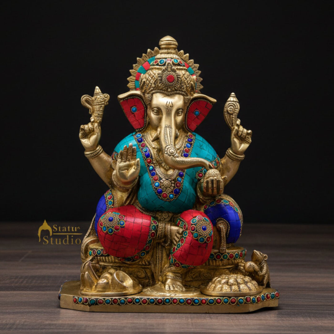 Brass Ganesha Statue With Stone Work For Home Decor Showpiece 12 Inch 277100
