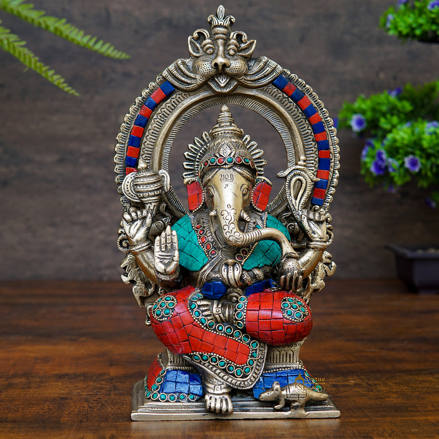 Brass Ganesha Statue With Temple Arch Stone Work For Home Decor 1 Feet 402300