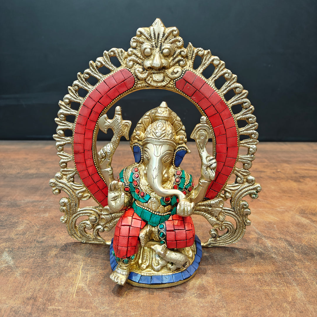 Brass Ganesha Statue with Prabhavali Stone Work 9 Inch 463474