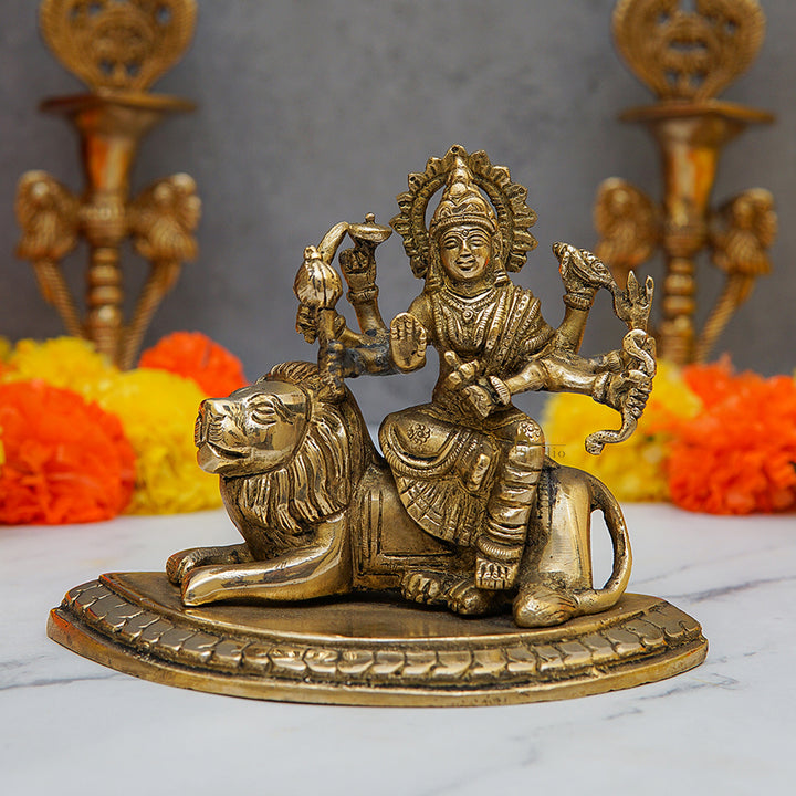 Brass Goddess Durga Statue With Sitting Lion 4.5 Inch 462468
