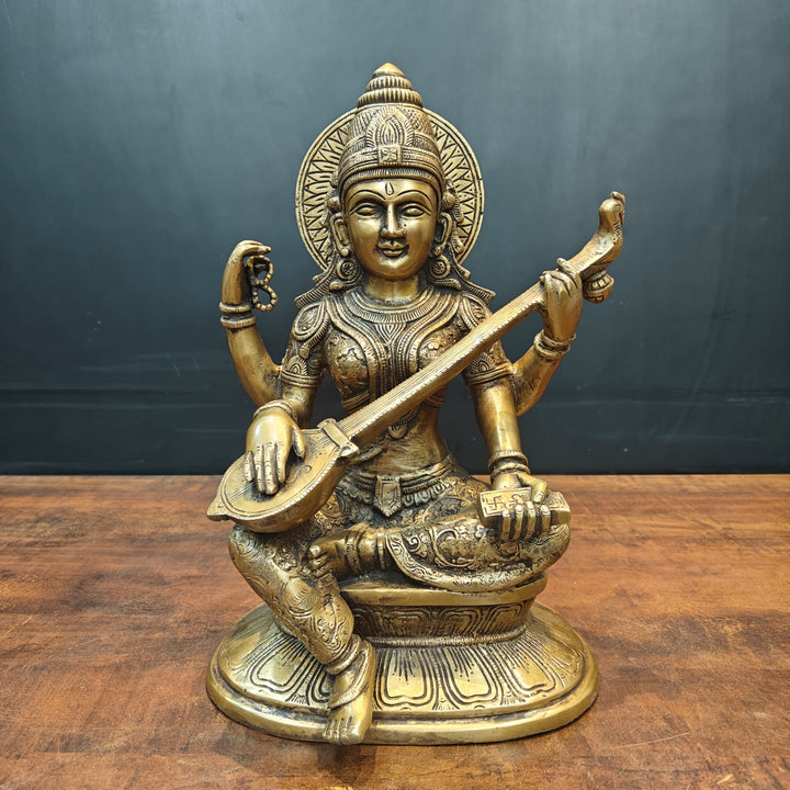 Brass Goddess Saraswati Idol Playing With Veena Antique Finish 15 Inch 463728