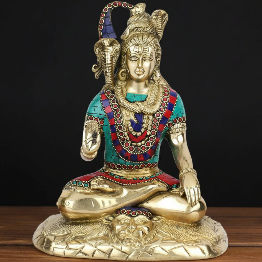 Brass Handmade Lord Shiva Statue Stone Work 1 Feet