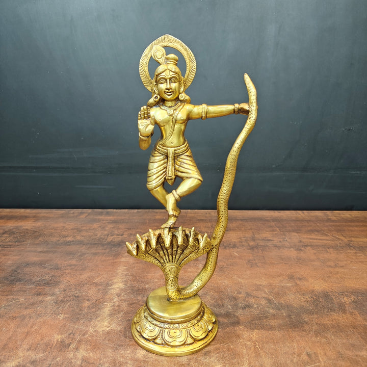 Brass Krishna Idol Dancing On Kaliya Naag Golden Finish 13 Inches 463722