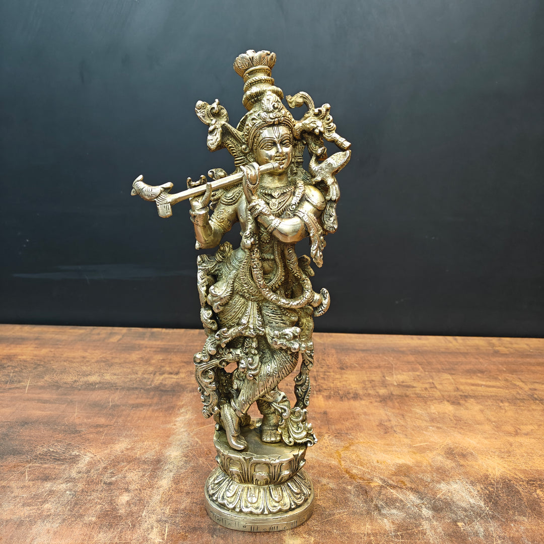 Brass Krishna Idol Playing Flute On Pedastal 14 Inch 463433