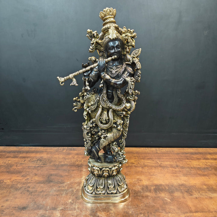 Brass Krishna Idol Religious Black Patina Finish For Home Decor 29 Inch 463753