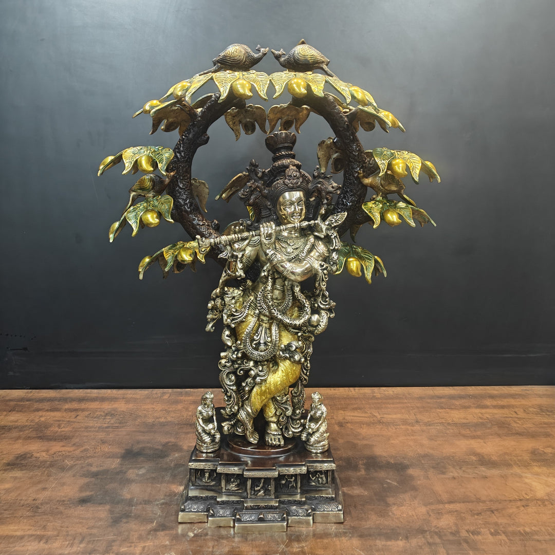 Brass Krishna Idol Under Kadamba Tree Antique Finish 33 Inches 463755