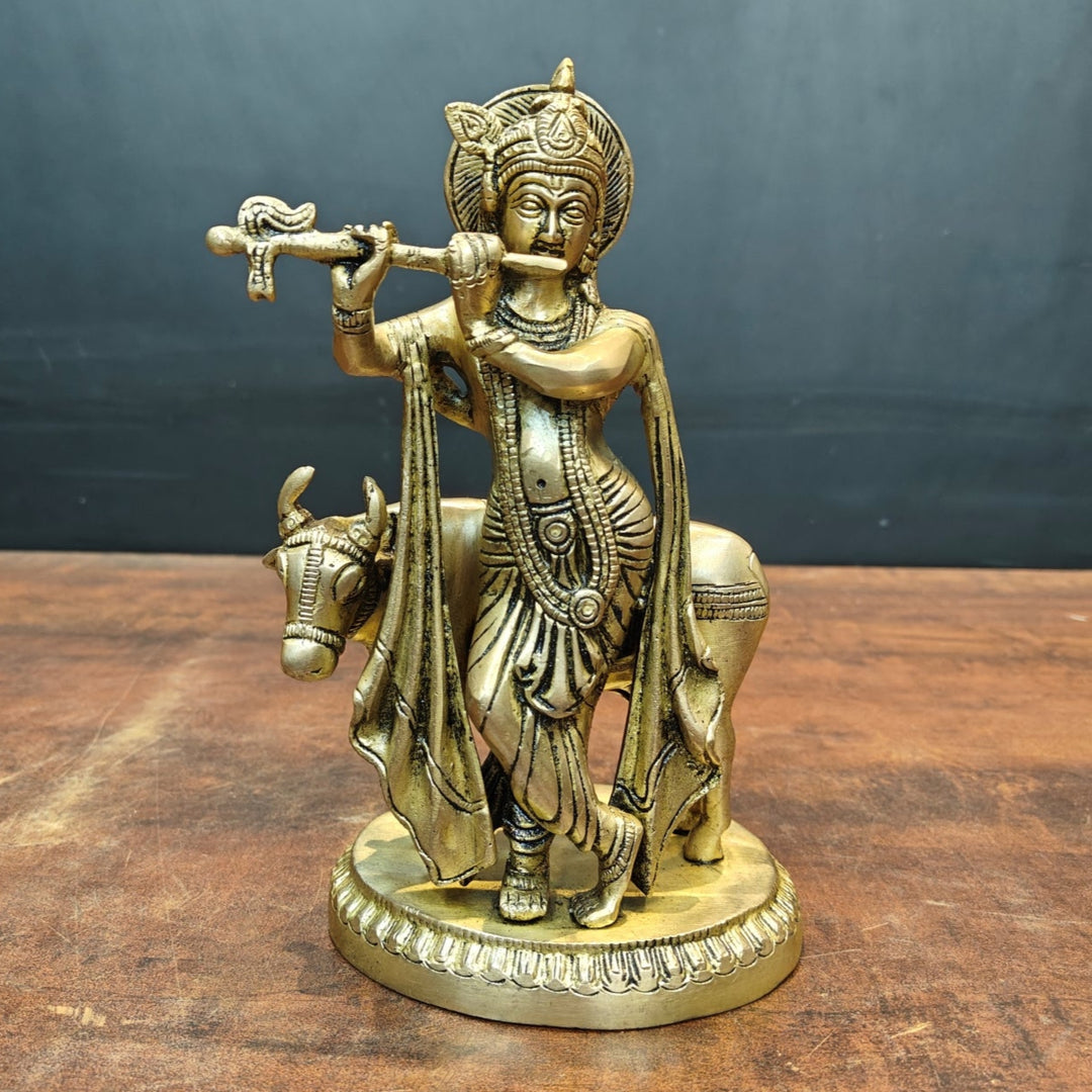 Brass Krishna Idol With Cow For Home Decor 8.5 Inch 463737