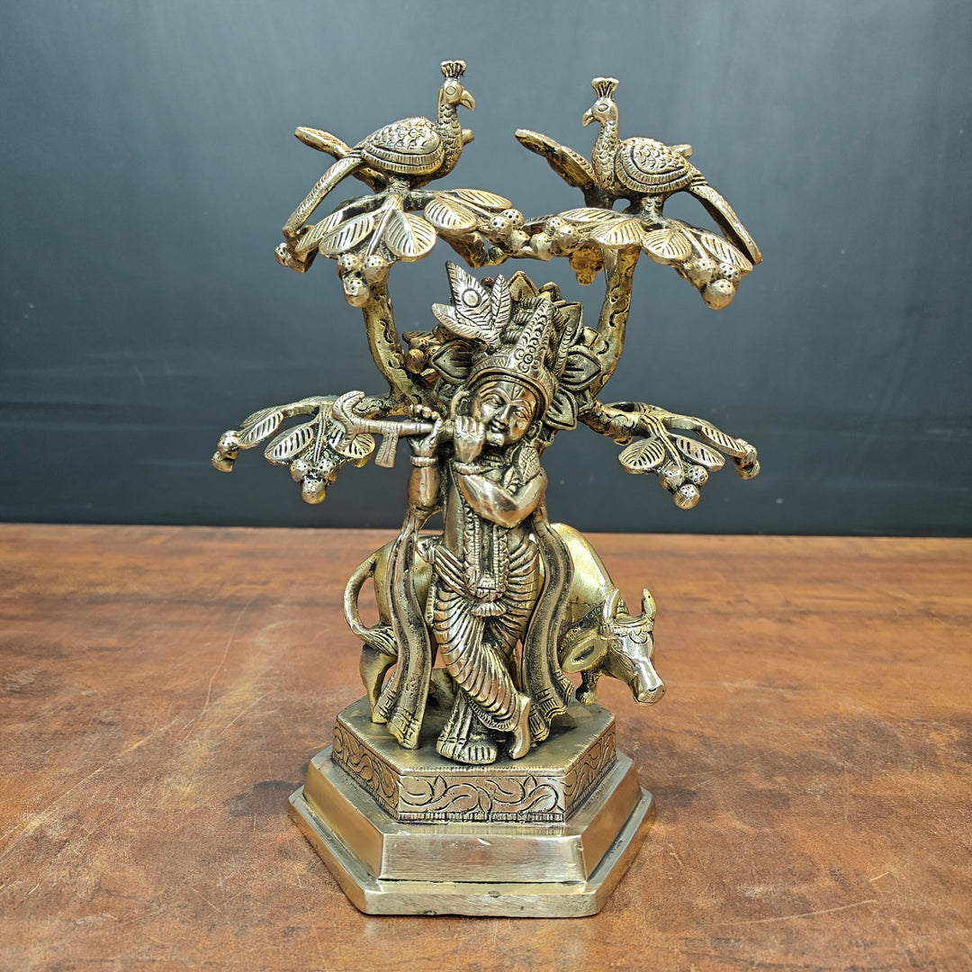 Brass Krishna Idol With Cow Under Kadamba Tree Antique Finish 10 Inches 463734