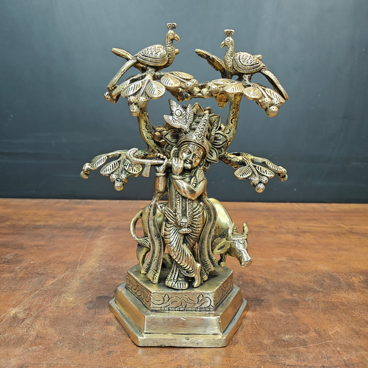 Brass Krishna Idol With Cow Under Kadamba Tree Antique Finish 10 Inches 463734
