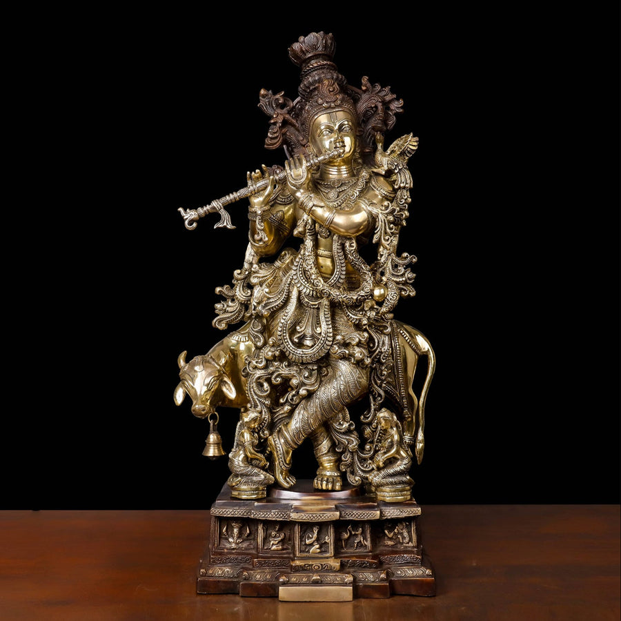 Brass Krishna Idol With Cow on Carved Pedestal Antique Finish 28 Inches 463826