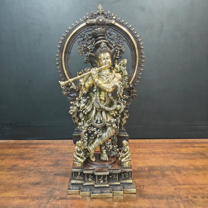 Brass Krishna Idol With Prabhavali Orange Patina Finish 32 Inch 463736