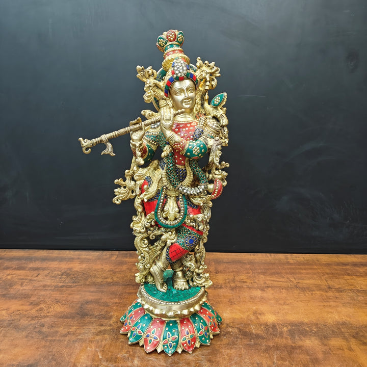 Brass Krishna Statue Standing On Lptus Base With Stone Work 27 Inch 463579