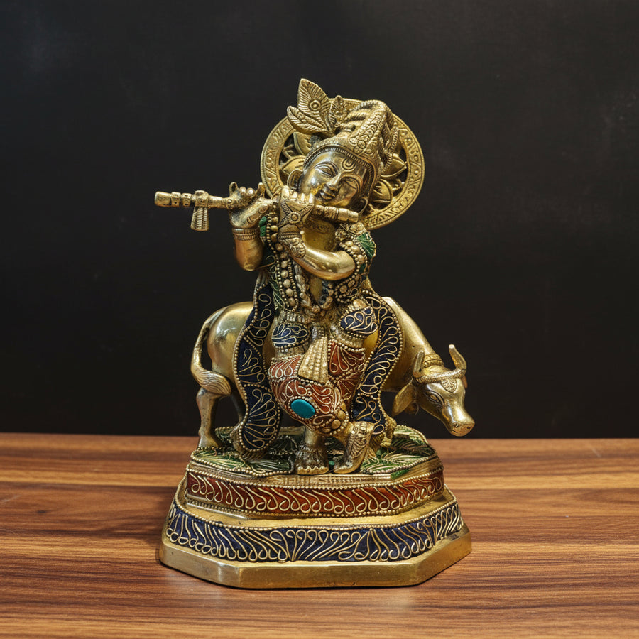 Brass Krishna With Cow Statue On Pedestal Stone Work 10 Inches 463161