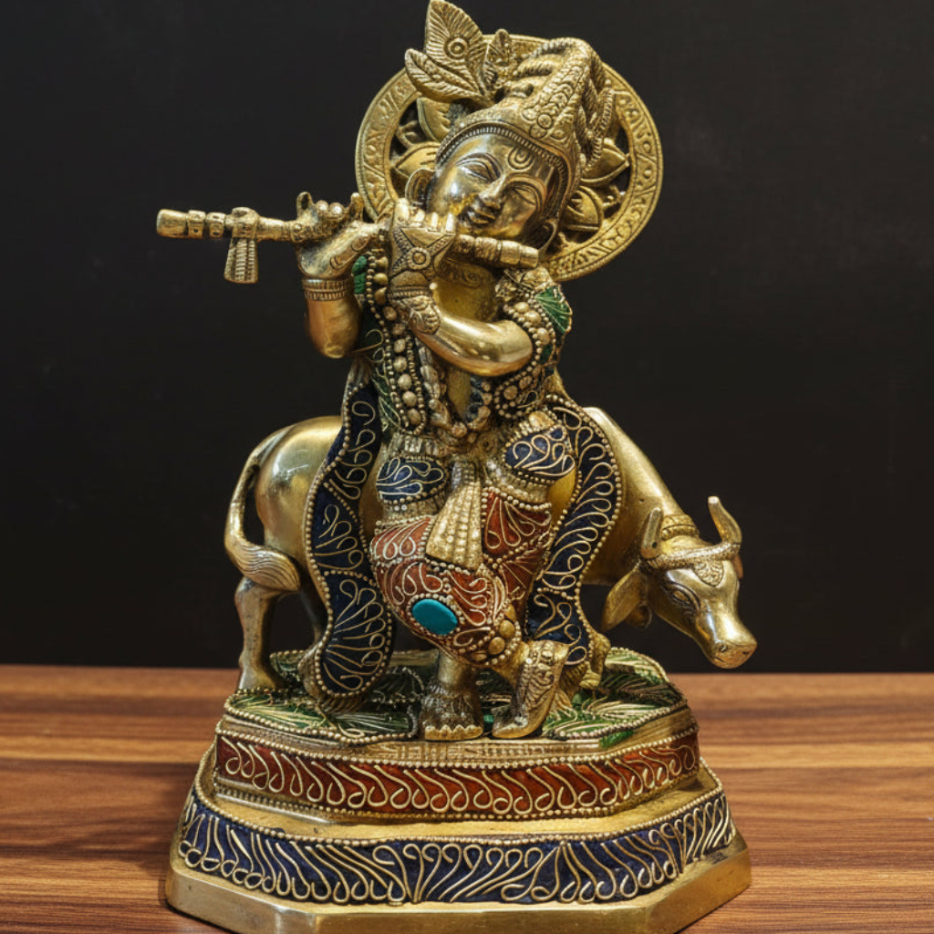 Brass Krishna With Cow Statue On Pedestal Stone Work 10 Inches