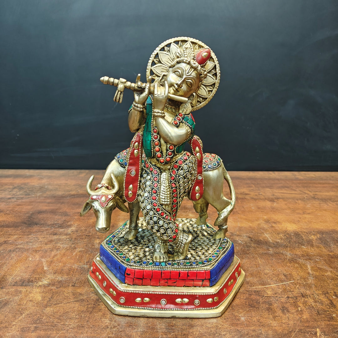 Brass Krishna With Cow Statue Stone Work 12 Inch 463588