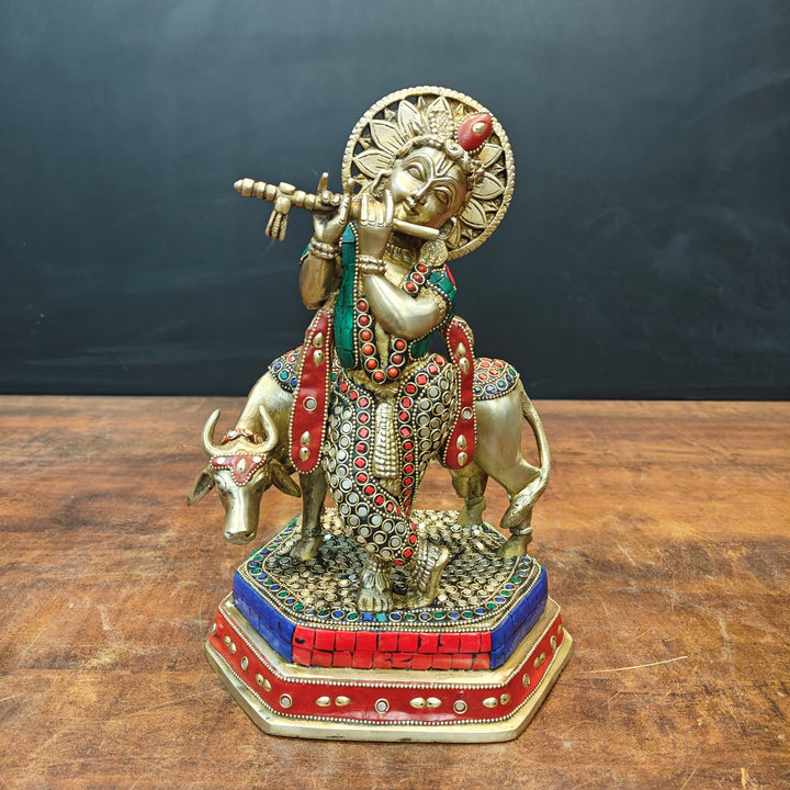 Brass Krishna With Cow Statue Stone Work 12 Inch 463588