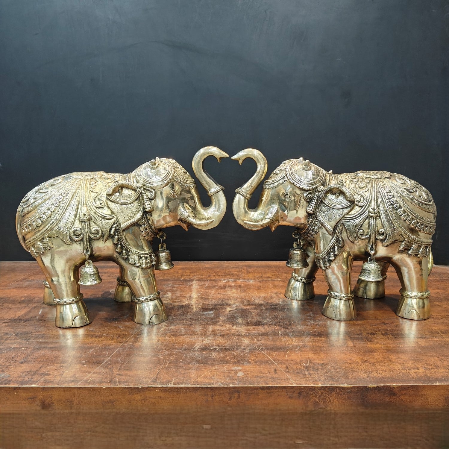 Brass Large Engraved Elephant Pair Statue With Bells Figurine 22 Inch ...