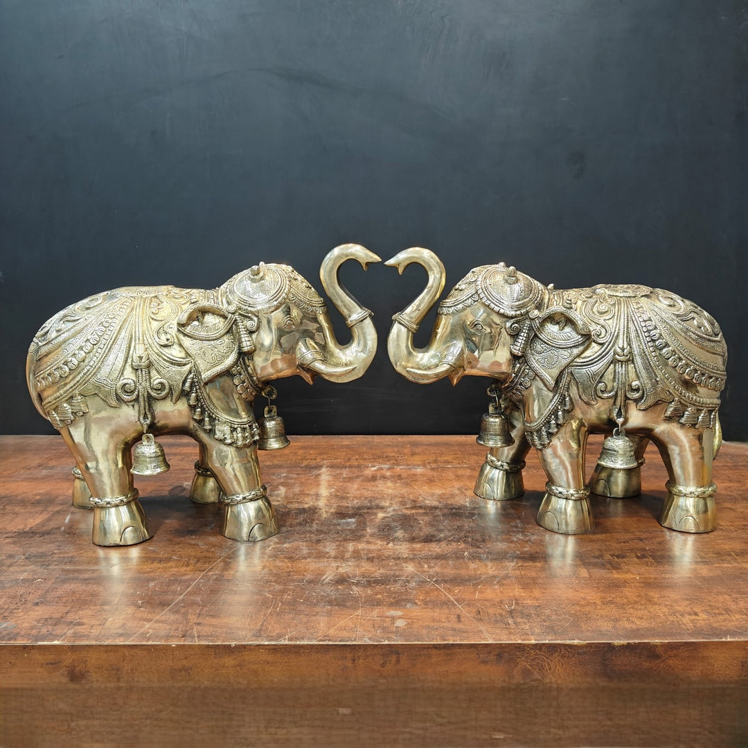 Engravable Elephant Brass Large Engraved Elephant Pair Statue With Bells Figurine 22 Inch ...