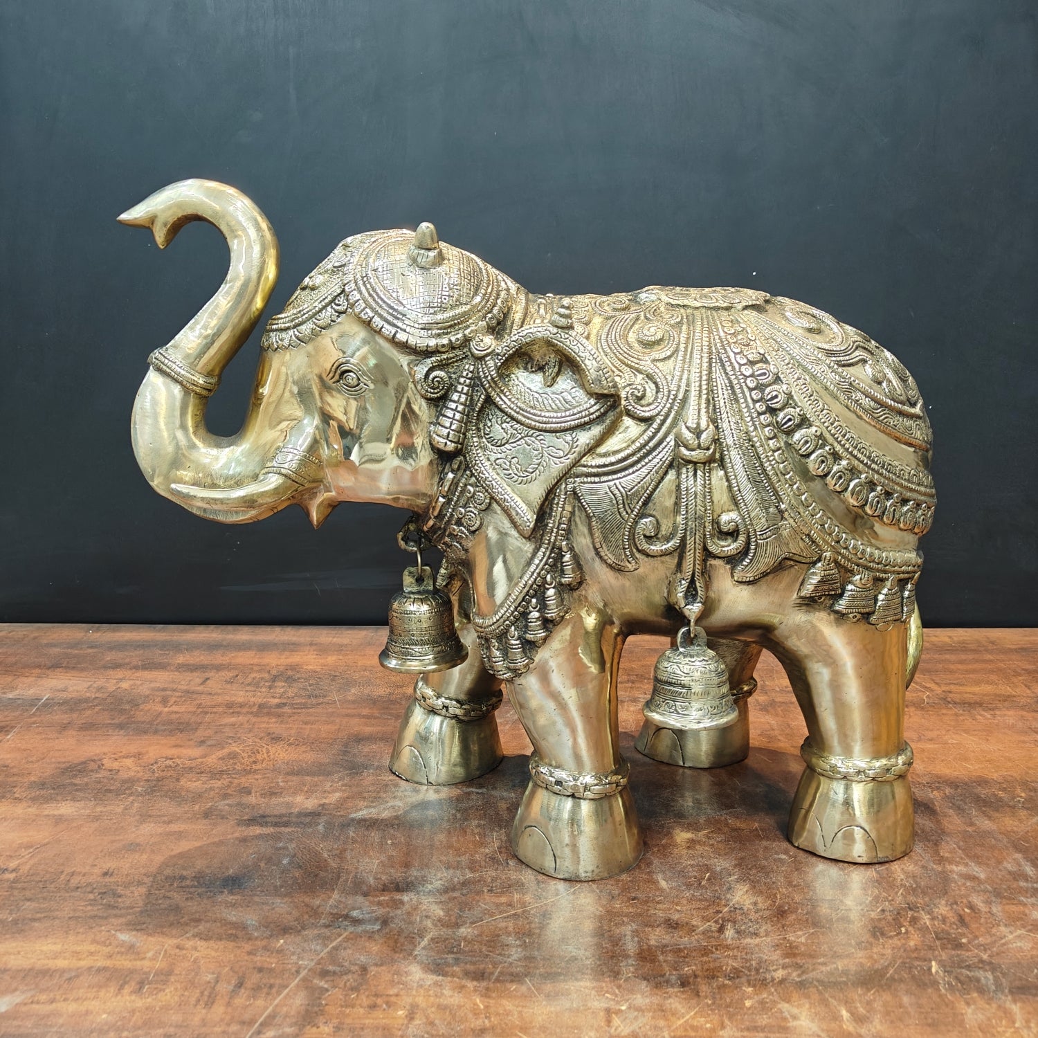 Brass Large Engraved Elephant Statue With Bells Figurine 22 Inch ...