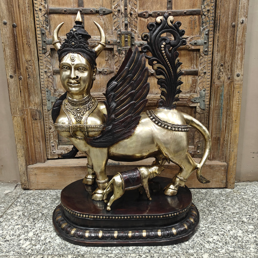 Brass Large Exquisite Kamdhenu Cow With Calf Statue 3 Feet 463966
