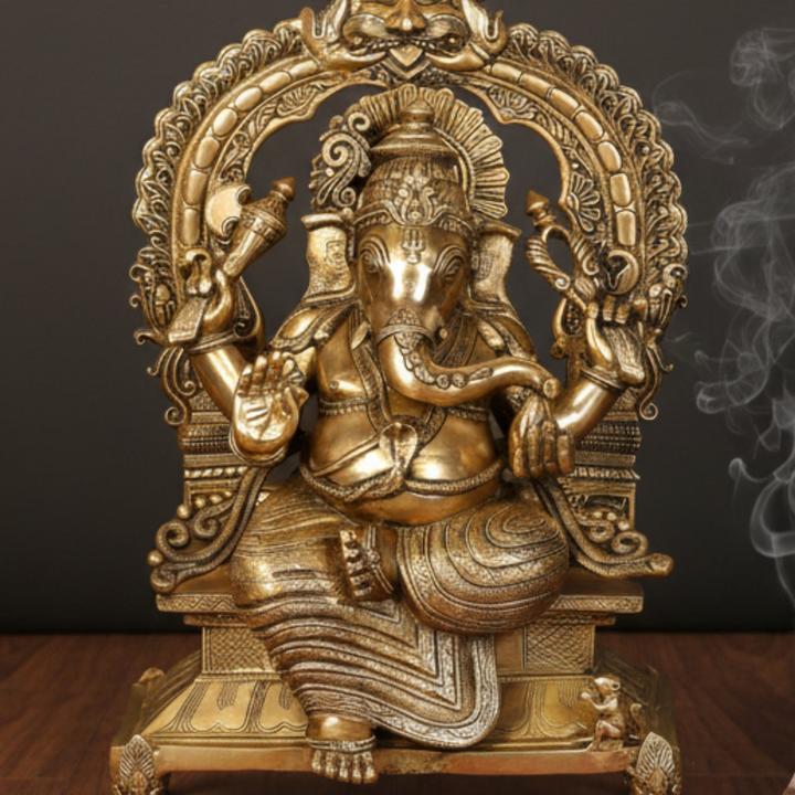 Brass Large Ganesha Statue Sitting On Throne For Home Decor 2.5 Feet