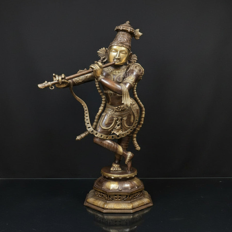 Brass Large Krishna Idol Antique Finish For Home Office Garden Decor Statue 2.5 Feet-463121
