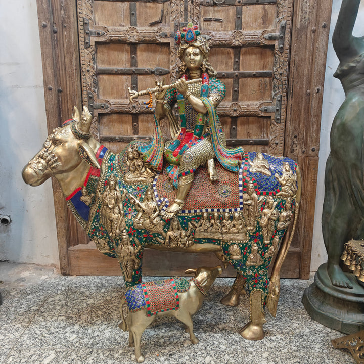 Brass Large Krishna Idol Seated On Cow Stone Work 43 Inches 463759