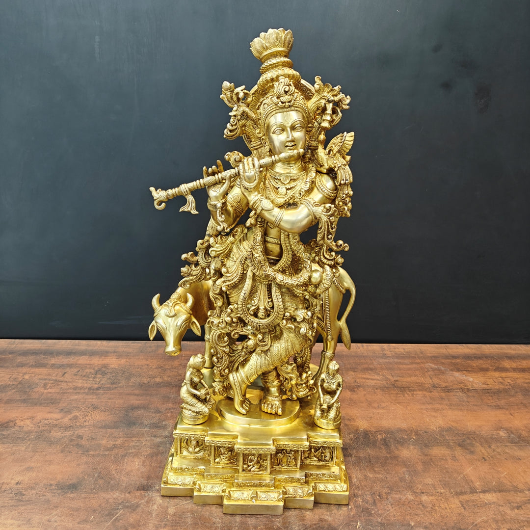 Brass Large Krishna Idol With Cow On Pedestal Gold Finish 28 Inch 463530
