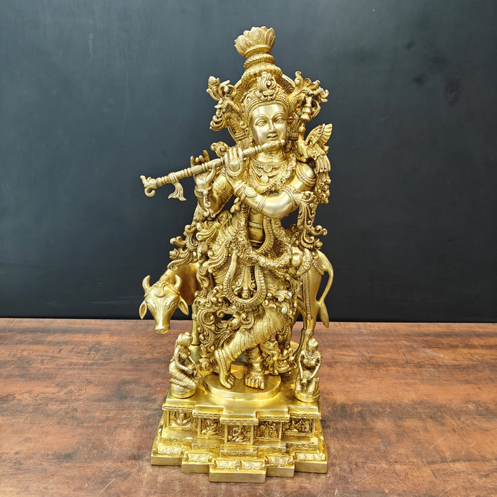 Brass Large Krishna Idol With Cow On Pedestal Gold Finish 28 Inch 463530