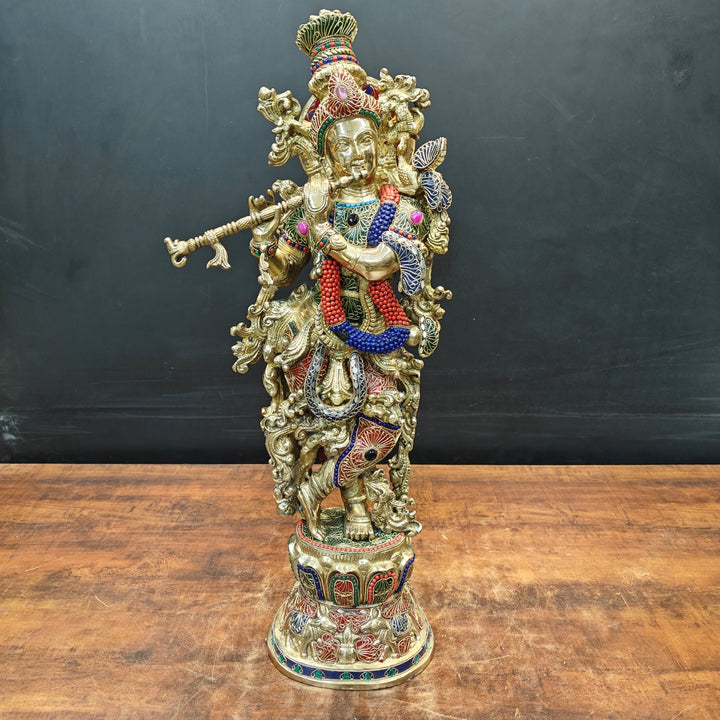 Brass Large Krishna Idol With Stone Work 30 Inches 463658