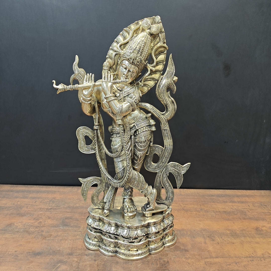 Brass Large Krishna Statue Playing Flute On Pedestal 3 Feet 463455