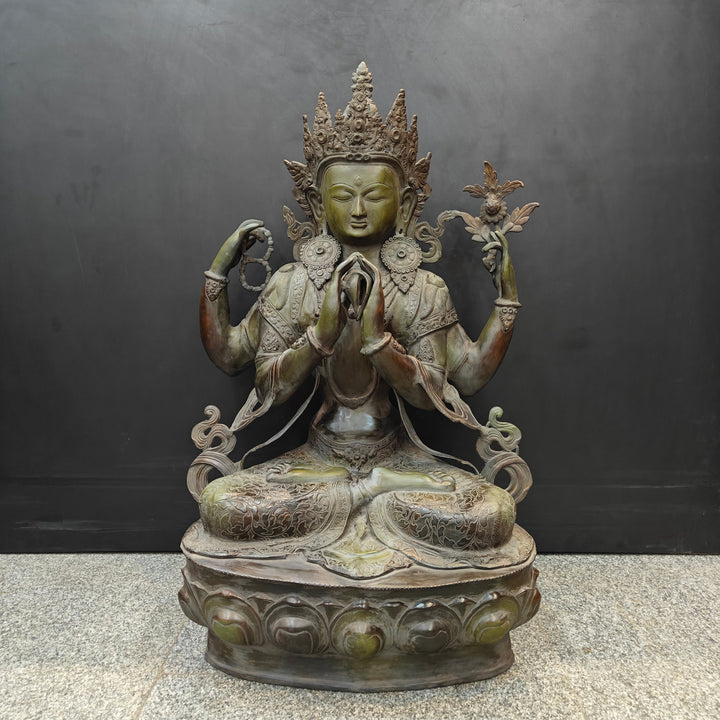 Brass Large Tibetan Buddhist Goddess Tara Four Arms Antique Finish 3 Feet 463750