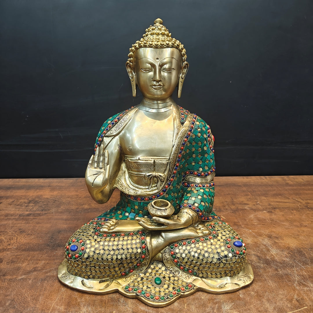 Brass Lord Buddha Statue In Blessing Mudra With Stone Work 16 Inch 463654