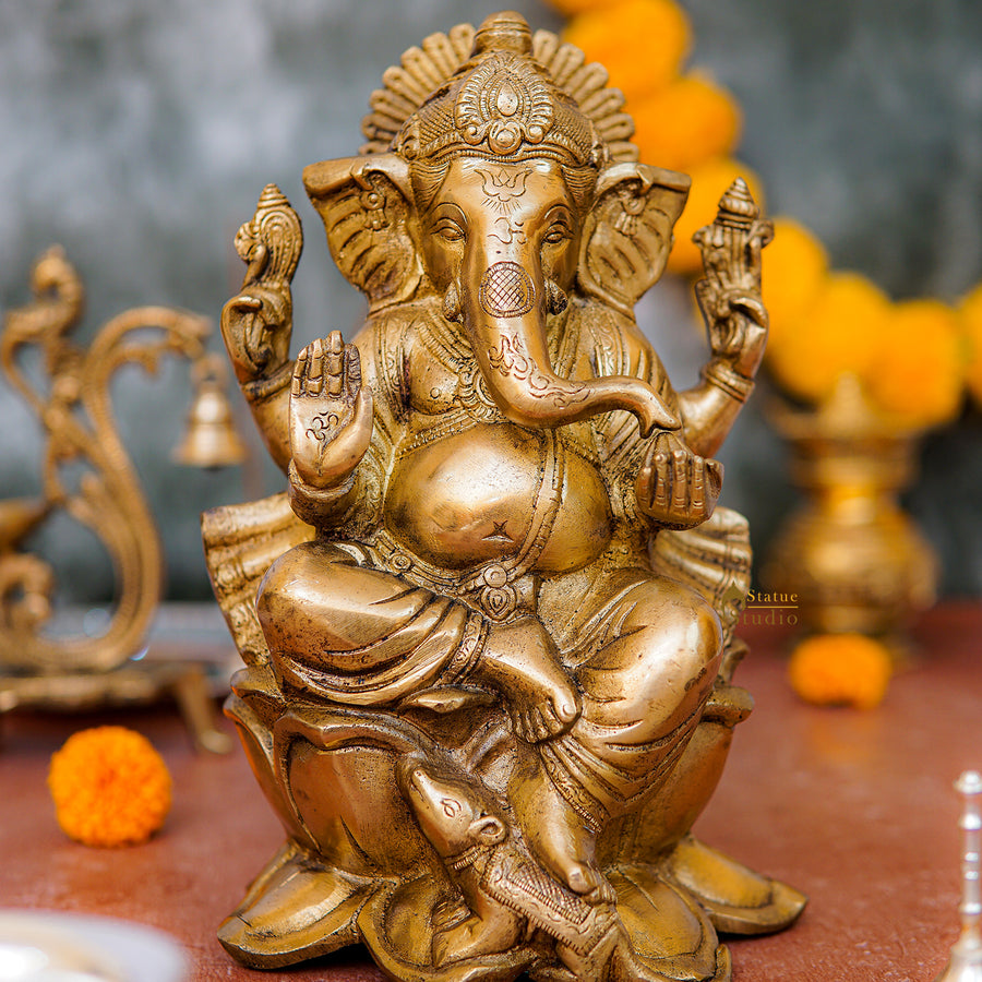 Brass Lord Ganesha Statue Sitting On Lotus For Home Decor 10 Inch 85300