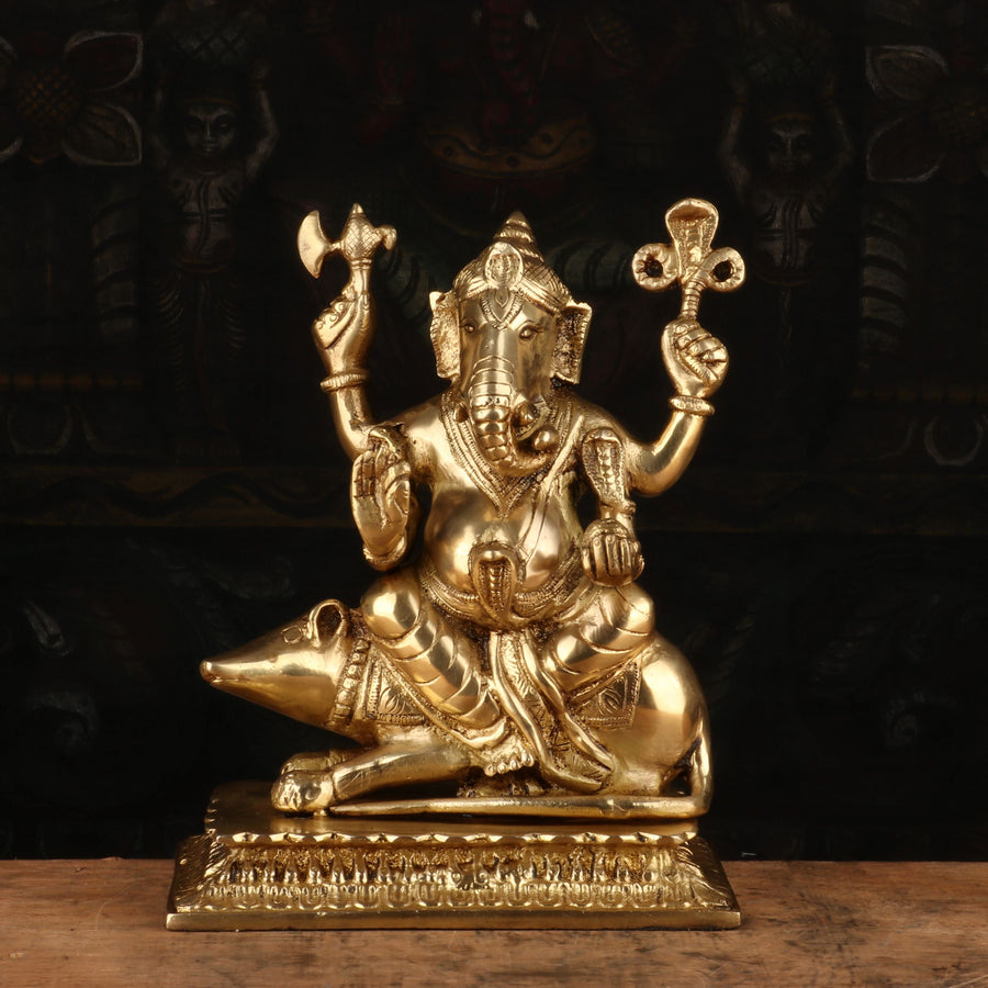 Brass Lord Ganesha Statue Sitting On Ret For Home Decor 10 Inch 463005