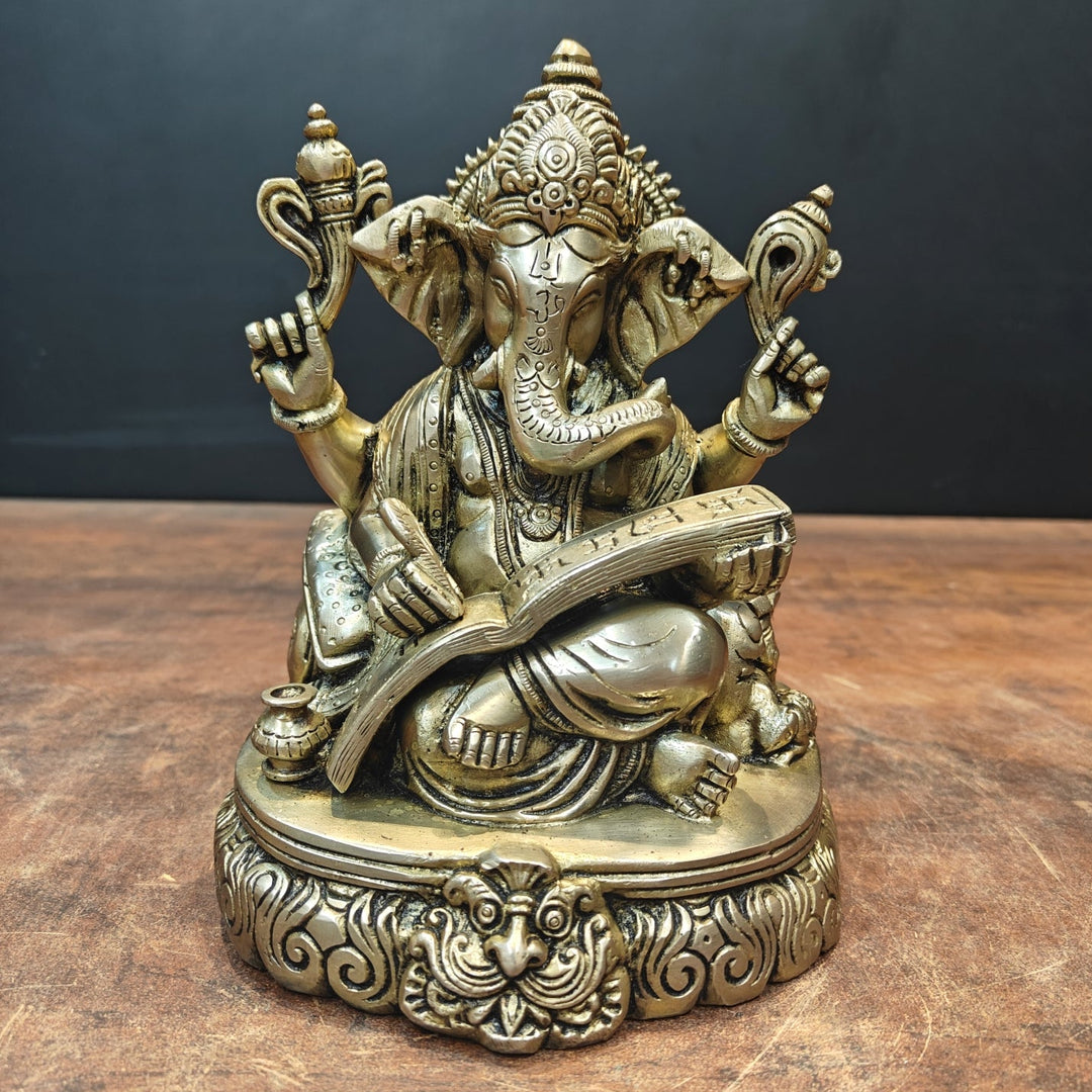 Brass Lord Ganesha Statue Writing Mahabharata 8 Inch  463507