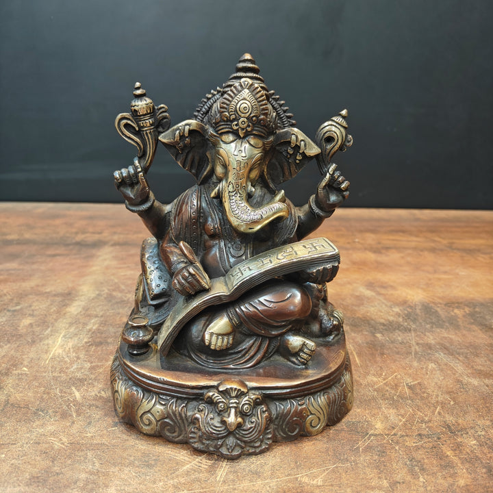 Brass Lord Ganesha Statue Writing Mahabharata Antique Finish 8 Inch 463509