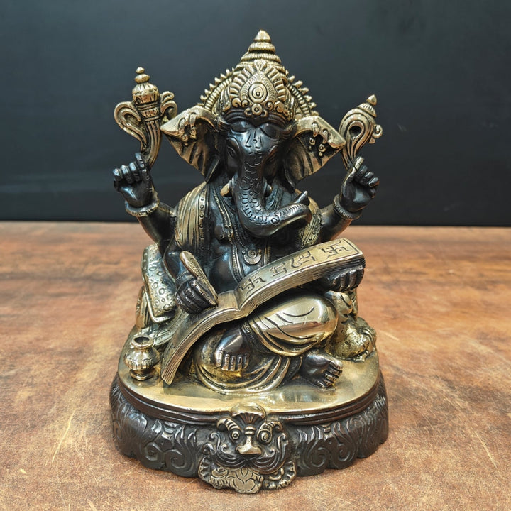 Brass Lord Ganesha Statue Writing Mahabharata Black Gold Finish 8 Inch 463508