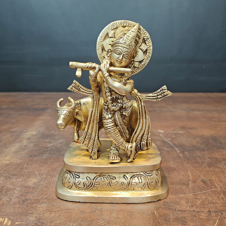 Brass Lord Krishna Standing With Cow Statue 7 Inch 83000