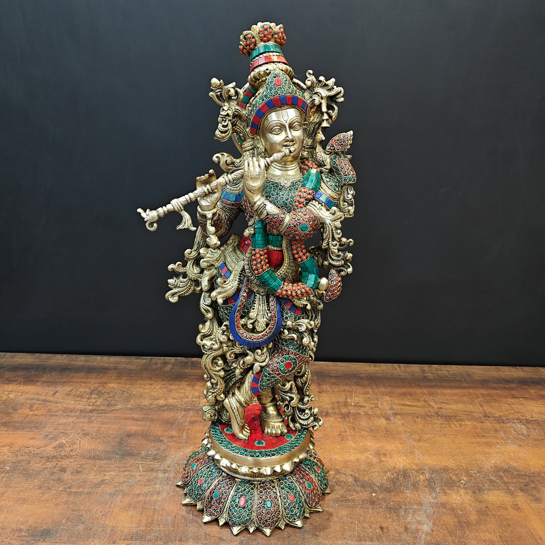 Brass Lord Krishna Statue With Stone Work 27 Inches 463269