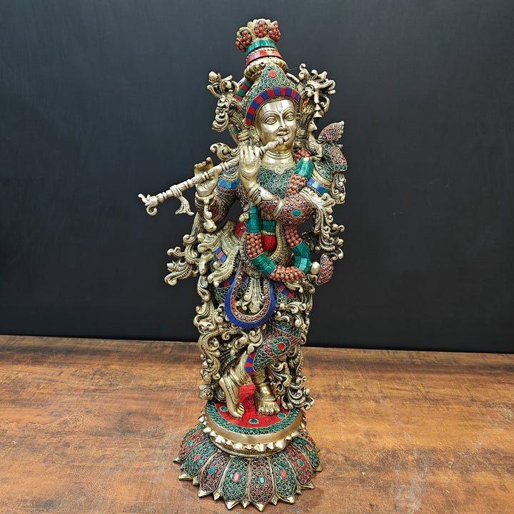 Brass Lord Krishna Statue With Stone Work 27 Inches 463269