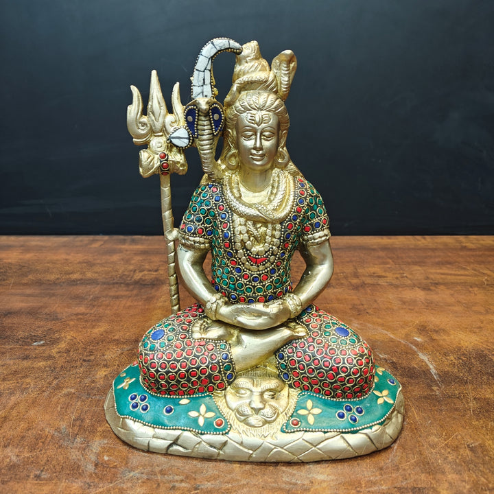 Brass Meditation Lord Shiva Statue With Stone Work 10 Inch 463572